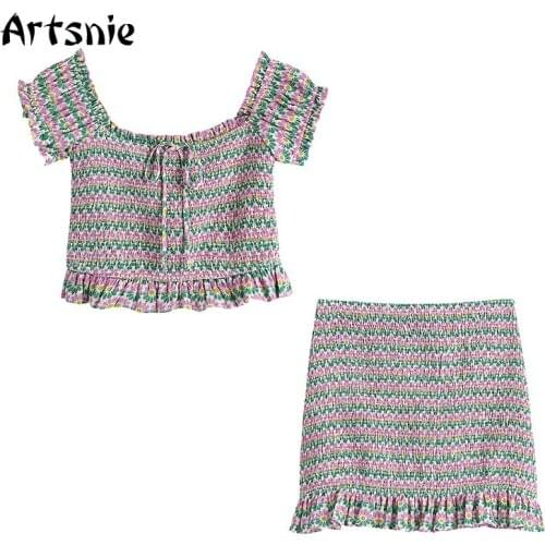 Artsnie Summer 2021 Womens Tracksuit Boho Florl Print Crop Tops Skirt Two Piece Set Ruffles Vintage Ladies Suits Tracksuits