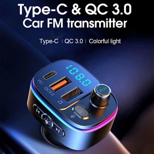 Car FM Transmitter Bluetooth-compatible 5.0 Handsfree Mp3 Player PD Type C QC3.0 USB Fast Charge Colorful Light Accessories T65