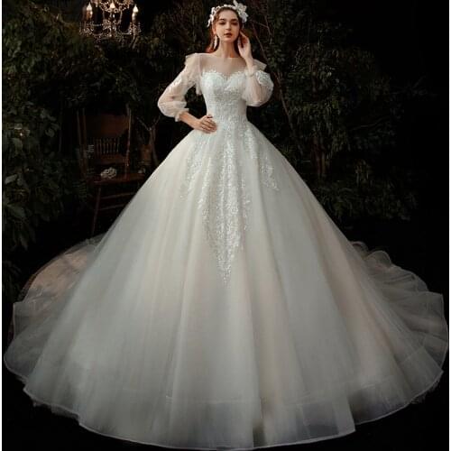 Sequins White Wedding Dress O-Neck Tulle Embroidery Full Puff Sleeves Simple Luxurious Lace up New Long Women Bride Dresses B030