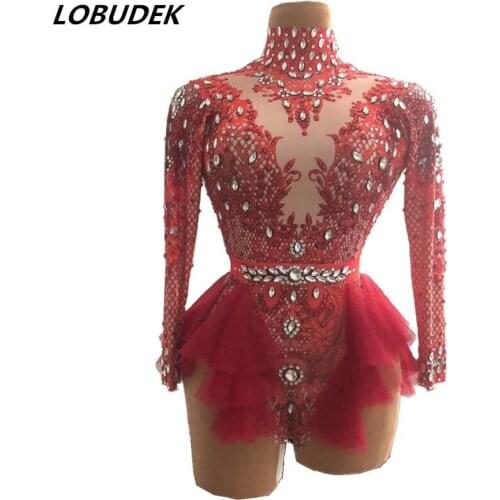Sexy DJ Latin Pole Dance Costume 3D Print Rhinestones Voile Bodysuit Pink Red Yellow Long Sleeve Crystals Leotard Stage Wear