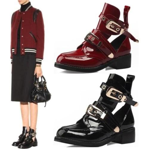 Retro England large size hollow leather belt strap short boots metal buckle punk patent leather woman low heel ankle boots