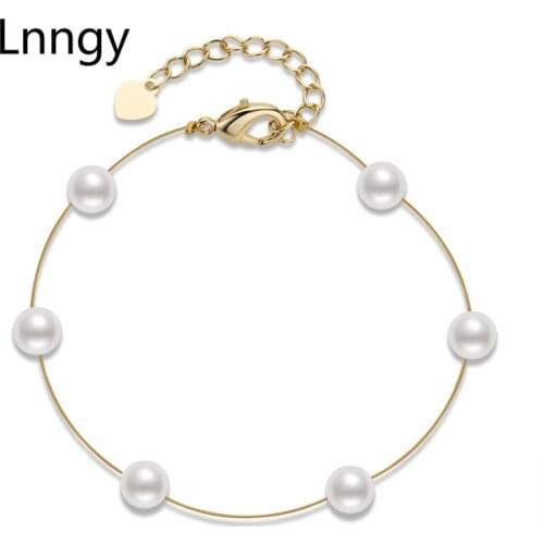 Lnngy Classic 14K Gold Filled Chain Bracelet 6-7mm Oval White Natural Freshwater Pearls Bracelet Women Charm Jewelry Chain Gift
