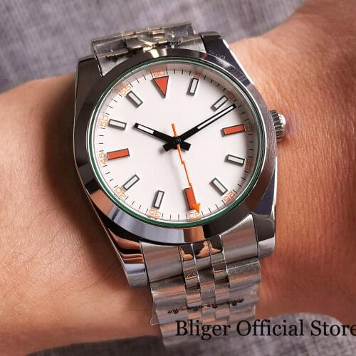 BLIGER 36mm White Japan MIYOTA 8215 Flash Hand Men Watch Automatic Men Watch Polish Bezel Green Gasket Sapphire Glass