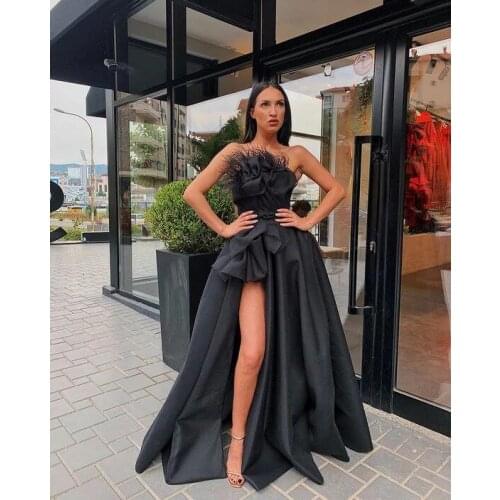 Black Long Satin Feather Strapless Prom Dresses 2021 High Split Side Formal Evening Party Gown Robe De Soiree