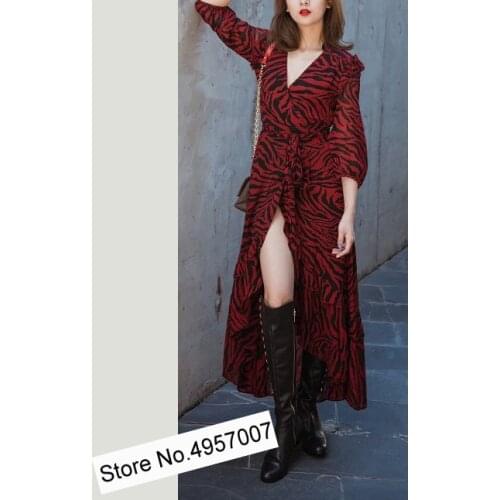 Elfbop 2020 Newest 100% Viscose Ladies Wrap V Neck Asymmetric Zebra Printing Maxi Dress With Waist Ties