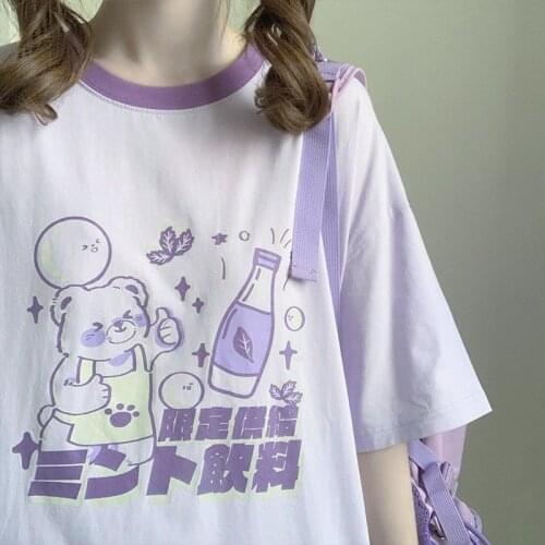 Cute Hip Hop Women Bear Print T-Shirt Loose Summer Oversize Female Purple Tops Funny Japan Harajuku High Street T Shirt Girl