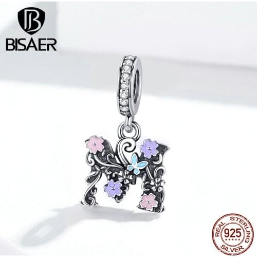 SUMMER BISAER 925 sterling silver flower M beads letter alphabet M charms fit for bracelets necklaces diy jewelry ECC1274