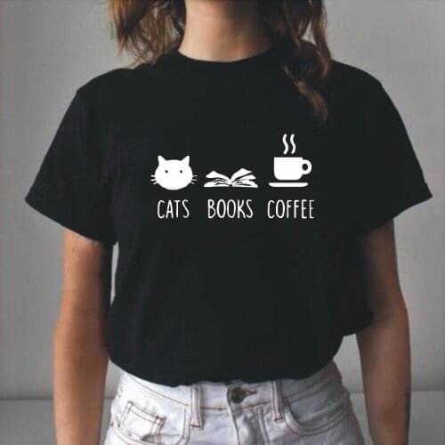 Summer Short Sleeve T Shirt Women Tops Women T Shirt Funny Cats Book Coffee Print Tee Shirt Femme Casual Harajuku Camiseta Mujer