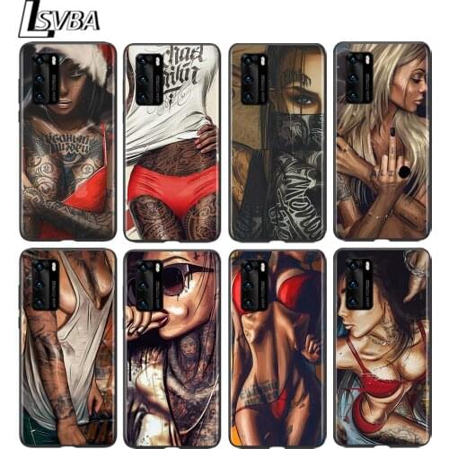 Sexy Tattoo Girl Fashion for Huawei P50 P40 P30 P20 P10 Pro Lite E Plus 4G 5G P9 P8 Lite P Smart Z S Soft Black Phone Case