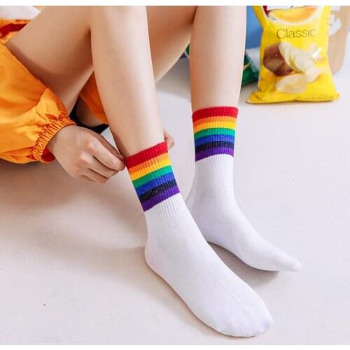 Unisex Stripes Mid Men Socks Harajuku Colorful Funny Kawaii Socks Men 100 Cotton 1 Pair Kawaii Rainbow Color Size Calzini Donna