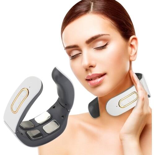 Upgrade 4 Patches Neck Massager 6 Modes Micro-current Smart EMS Pulse Neck Massager Rechargeable USB Cervical Therapy Massage