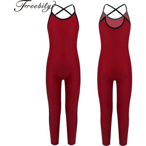Girls Pure Color Elastic Dance Gymnastics Leotards Kids Jumpsuit Shoulder Straps Cross at Rear Stripe Slim Fit Jumpsuit Bodysuit