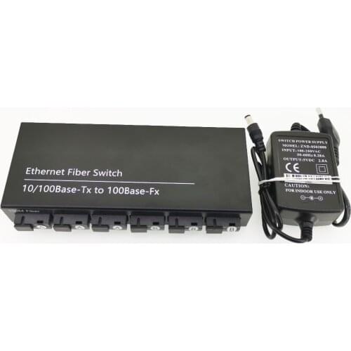 6F2E 10/100M Ethernet Switch 6 Fiber Port 25KM 2 UTP RJ45 Fast Erhetnet Fiber Optical Switch with 5V 2A power supply