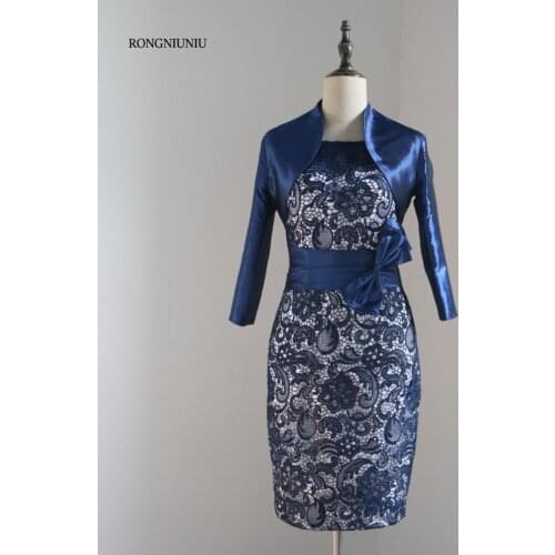 2018 Mother Of The Bride Dresses With Jackt Short Knee Length Navy Blue Lace Zipper Long Sleeves Bride Gown