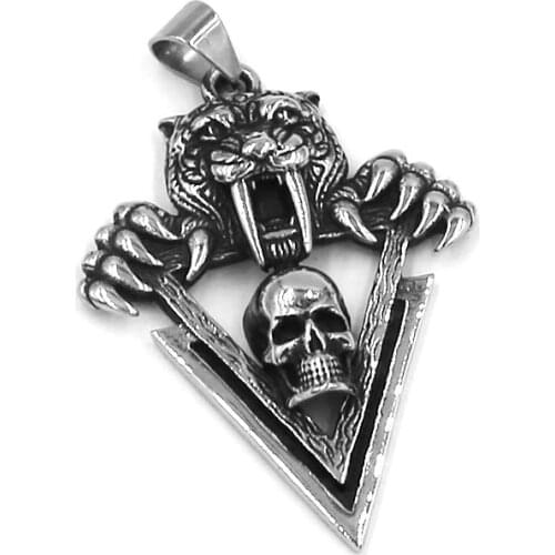 Tiger Tooth Skull Pendant Stainless Steel Pendant Necklace Animal Claws Tiger Biker Mens Boys Pendant Gift SWP0528