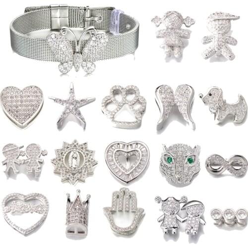 Pipitree Cubic Zirconia DIY Slider Charms for 10mm Mesh Bracelet Heart Wing Crown Virgin Mary Butterfly Charms Jewelry Making