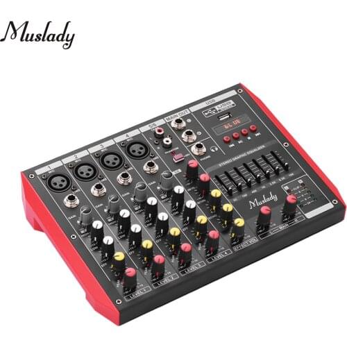 Muslady D6 Portable 6-Channel Mixing Console Mixer 7-band EQ Built-in 48V Phantom Power Supports BT Connection USB MP3 Player