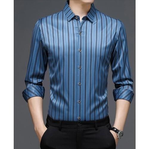 Blue Pinestriped Business Big Size Mens Classic Shirts Smooth Clothes For Mens Fashion Work Dress Blackish Green Blouses Large