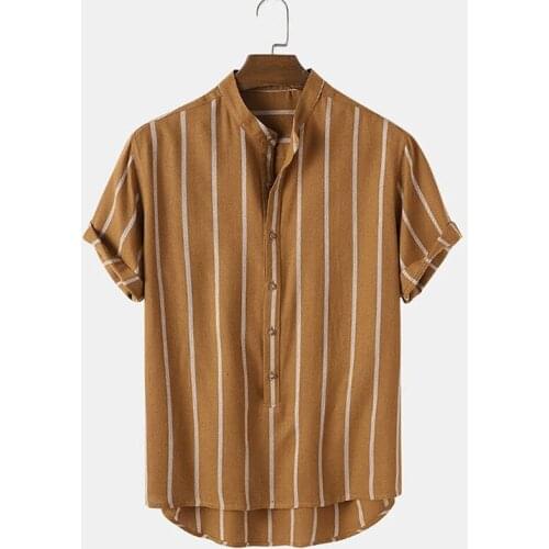 Mens Cardigan Stand Collar Striped Short Sleeve Shirt Summer Fashion Casual Cotton Linen Button Loose Shirt Mens Top 2021