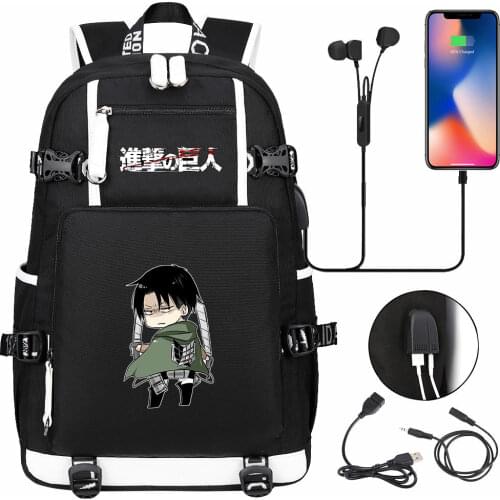 Anime Levi Attack On Titan USB Boy Girl Book School Bags Large Capacity Teenagers Student Schoolbags Women Men Laptop Backpack