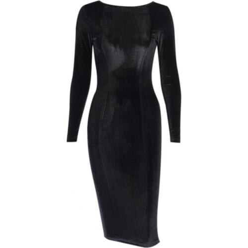 Sexy Women Autumn Long Sleeve O Neck Backless Bowknot Ribbob Midi Bodycon Dress