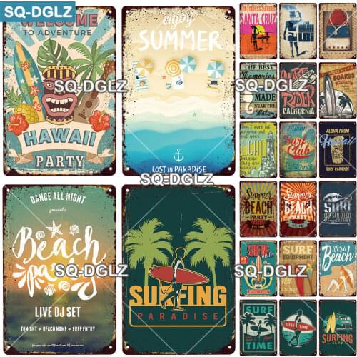 [SQ-DGLZ] Beach Party Metal Sign Vintage Plaque Plates Decor For Bar Home Wall Decor Summer Party Tin Sign Hawaii Poster