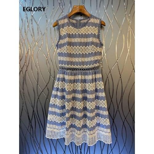 High Quality Cotton Dress 2020 Summer Style Women O-Neck Allover Exquisite Embroidery Sleeveless Slim Fitted A-Line Dress Tunic