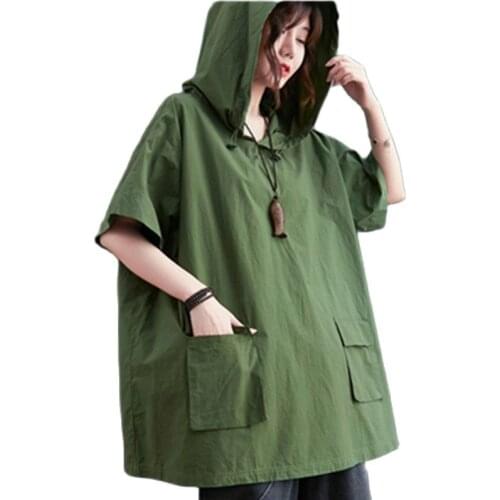 2021 New Summer Three-dimensional pocket solid color hooded T-shirt Oversize loose casual tooling tops women A519