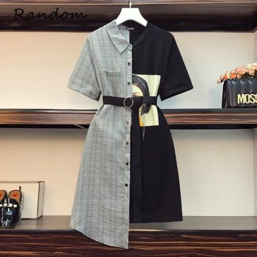 Women Plus Size Plaid Shirt Dress Short Sleeve Fashion Girl Print Single-breasted Dresses 2021 Summer Asymmetry Stitching Cloth