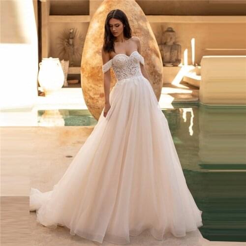 Lace Appliques Short Sleeves Wedding Dresses Off the Shoulder A Line Champagne Bridal Gowns Vestido de Noiva Formal Brides 2021