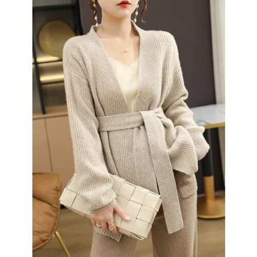 Women Dress Australian 100% Wool Knitted Jumpers 2021 New Fashion Winter Female Belt Cardigans Thicker Woolen Tops