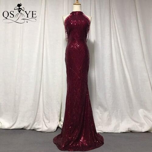 QSYYE Burgundy Evening Dresses Mermaid Halter Neck Cheap Evening Gown Glitter Elegant Party Dress Sleeveless Formal Gown