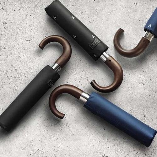 Umbrella retro gentleman wooden bent hook handle ten bones reinforced strong wind-proof automatic man business three fold 3