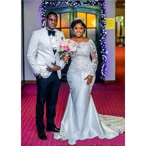 2020 Nigerian Mermaid Wedding Dresses Beaded Lace Appliqued Long Sleeves African Black Girl Bridal Gowns plus size wedding gown