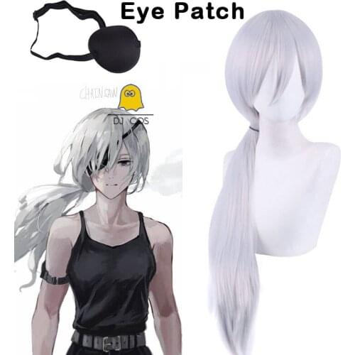 Anime Chainsaw Man Quanxi Cosplay Wig Light Gray Long Hair with Eyes Patch Heat-resistant Fiber Hair + Wig Cap Halloween Party
