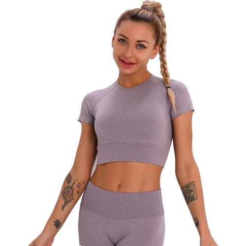 Seamless Quick Dry Knitted Fitness Exercise Top Short Sleeve Women Running Training Gym Workout Tops Sport Women Sexy Shirts