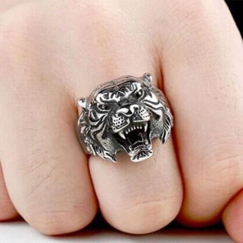 POPACC Punk Personality Mens Tiger Ring Mens Exquisite Animal Jewelry Titanium Steel Ring (size:8-11)