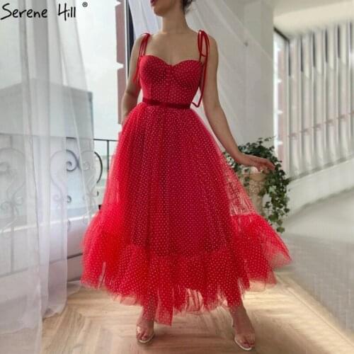 Red Simple Small Round Pattern Evening Dresses A-Line Sleeveless Ankle Length Formal Dress Serene Hill 2021 LA70520
