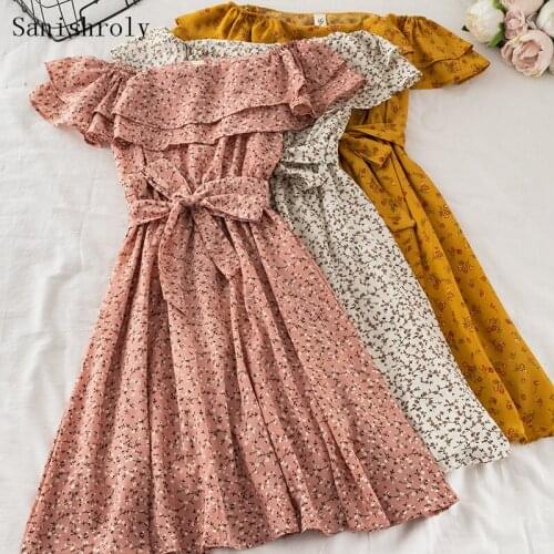 Summer Women Ruffles Slash Neck Floral Print Dress Sweet Tie Bow Sashes Chiffon Dress Female Short Mini Seaside Holiday Vestidos