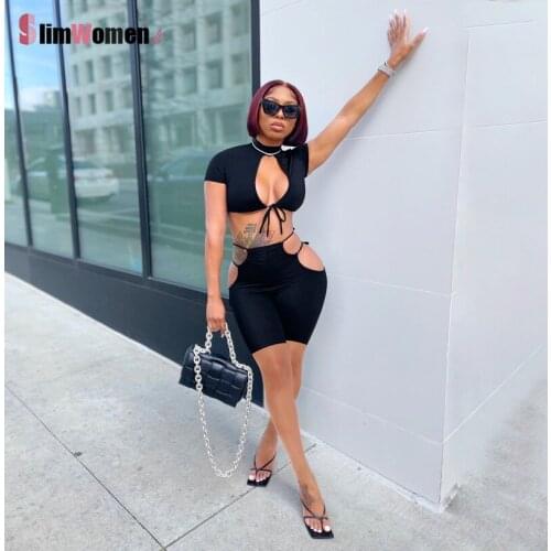 Fashion Summer 2021 New Casual Holiday Beach Hot Pants Ladies Outfits Sexy Bodycon Cut Out Bow Crop Top Tee and Shorts Set Women
