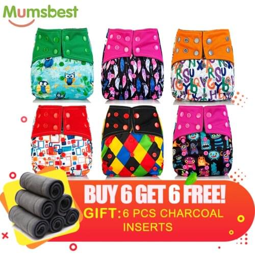 [Mumsbest] 6 Bamboo Charcoal Diaper + 6 Charcoal Insert Cloth Diaper Ecologically Friendly Reusable Nappy Baby Diapers Pocket