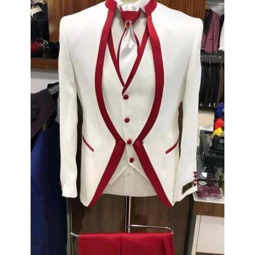 Mens red edge stitching color suit with stand-up collar, mens wedding suit, groom dress, formal (jacket+trousers+vest), mens