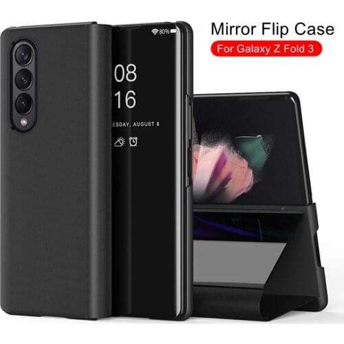 Flip Mirror Case for Samsung Galaxy Z Fold 3 5G PU Leather Time Display Stand Back Phone Cover Capa For Galaxy Fold3 Case