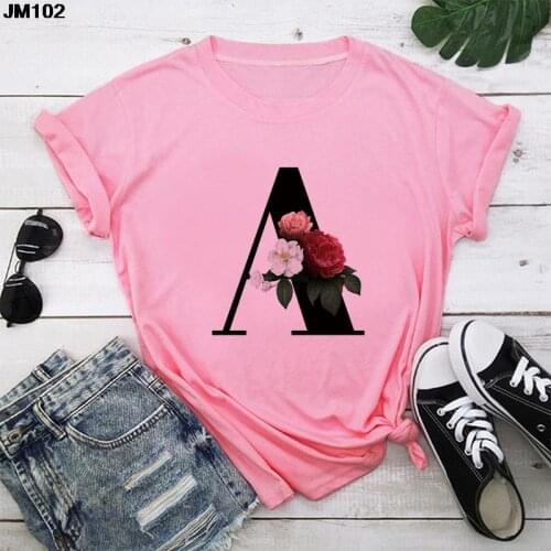 26 Alphabet Letter Women T-shirt Girl A To Z Alphabet Combination Flowers Print Short Sleeve Casual Korean Style Tops Tee Tshirt