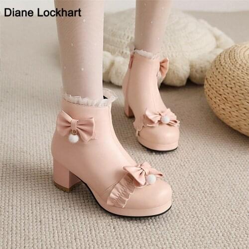 2021 New Girls Lolita Ankle Boots Women Cute Bow Princess Shoes Ladies Zip Square Heel Uniform Japanese Colsplay Party Shoes