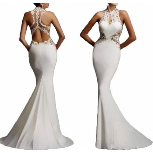 Sexy Backless Mermaid Long Evening Dress Crew Neck Illusion Satin Prom Party Gowns Special Occasion Dresses For Women 2021