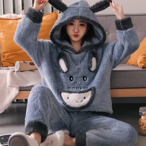 Winter Flannel Pajama Set Womens Fleece Pajamas Sleepwear Home Clothing Thick Warm Coral Velvet Female Nightgown Suit Pajama