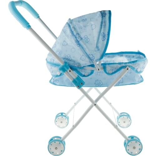 Precious Blue Little Bear Foldable Baby Doll Stroller with Hood Kids Pretend Play Toys