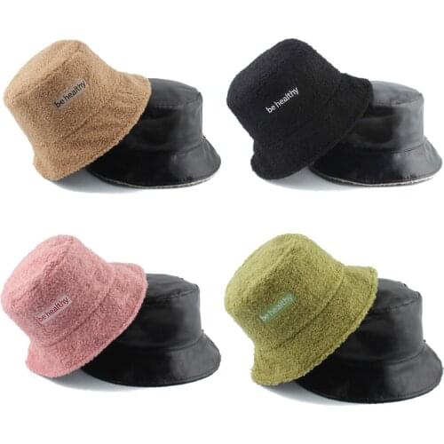 2020 Reversible Leather Fisherman Hat Faux Fur Winter Hats For Women Men Bob Bucket Hat Warm Plush Lambswool Fishing Cap