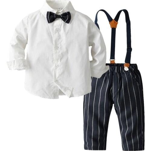 Top and Top Little Boy Clothes 2Pcs Outfits with Casual Bow Tie Long Sleeve Tops+Striped Overalls Pants Suits Kids Clothing Set